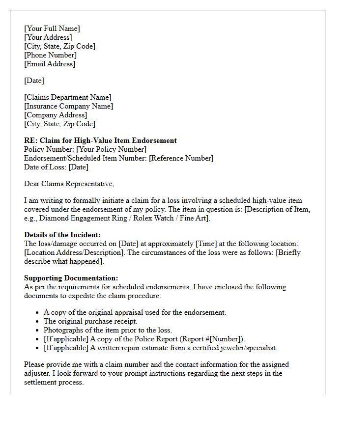High-Value Item Endorsement Claim Procedure Letter