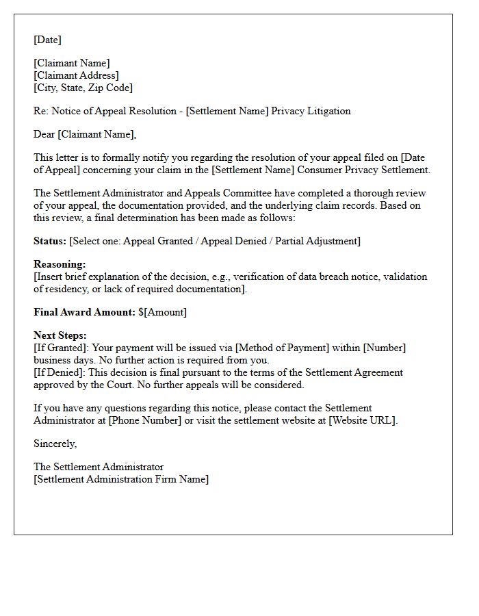 Consumer Privacy Settlement Appeal Resolution Letter