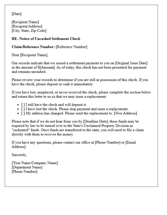 Uncashed Settlement Disbursement Reminder Letter