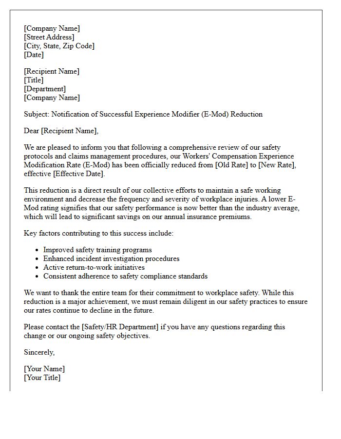 Successful Workers Compensation Experience Modifier Reduction Letter