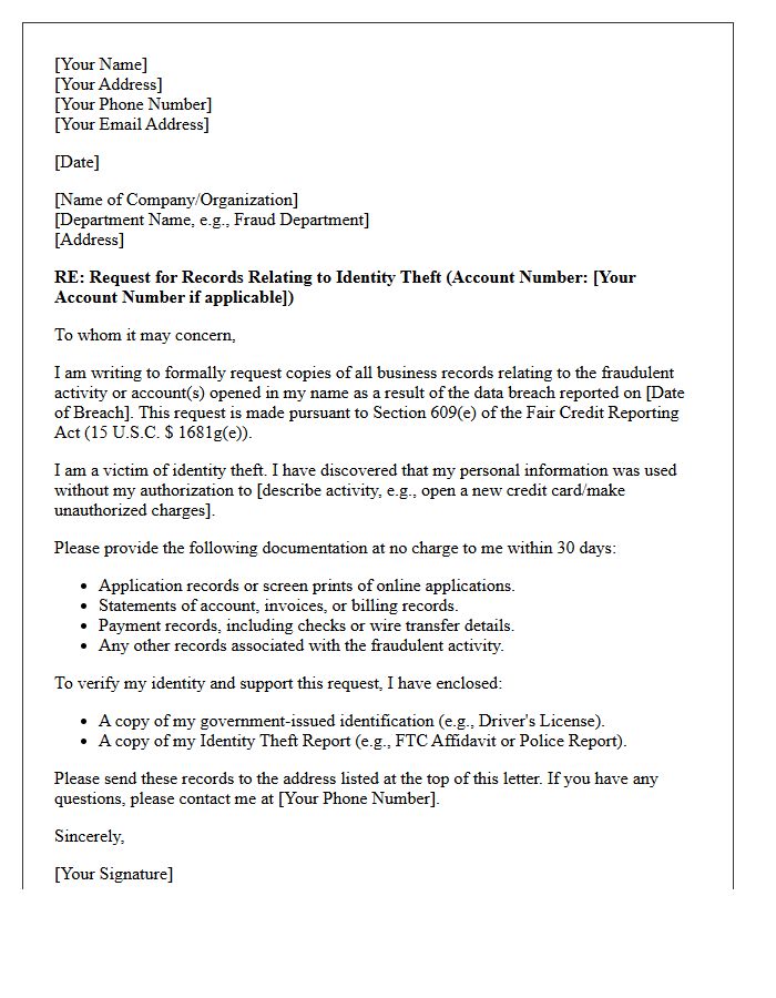 Data Breach Identity Theft Documentation Request Letter