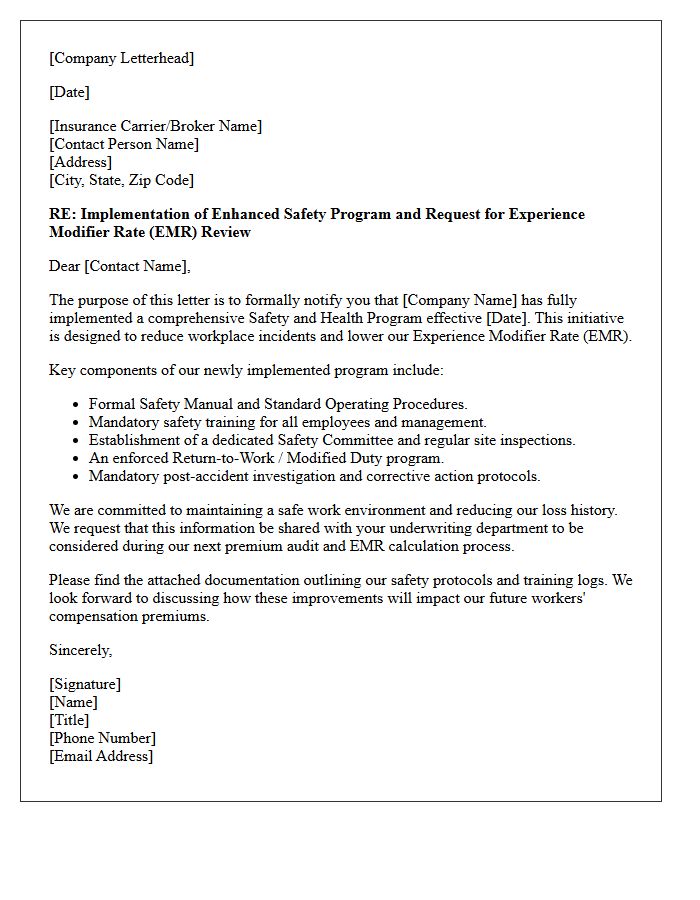 Safety Program Experience Modifier Reduction Implementation Letter