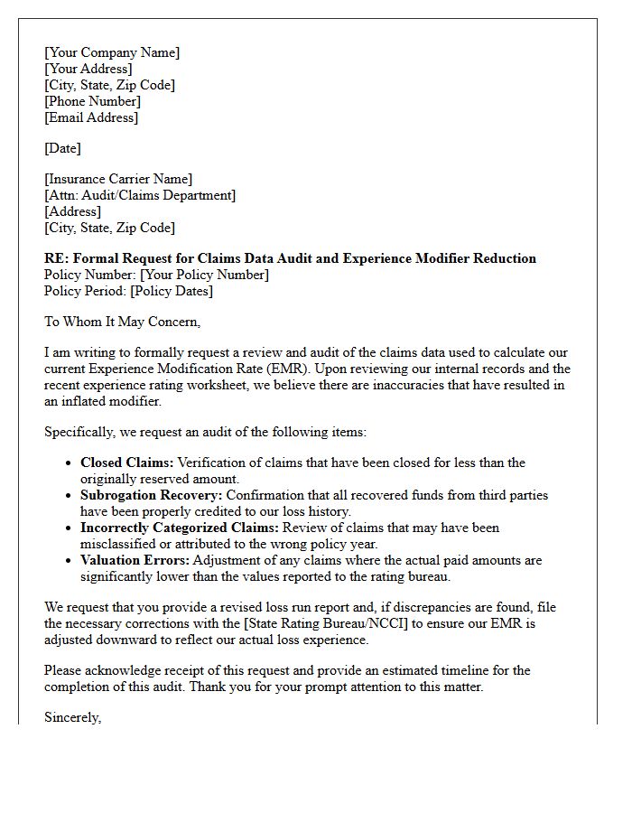 Claims Data Experience Modifier Reduction Audit Letter