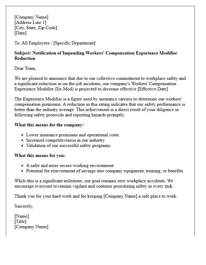 Impending Workers Compensation Experience Modifier Reduction Notification Letter
