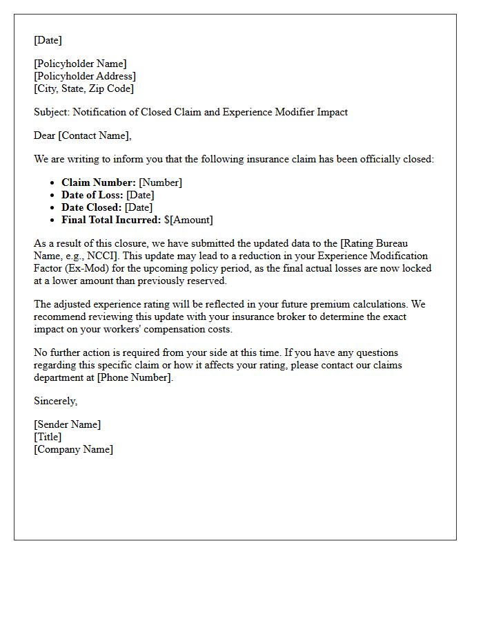 Closed Claim Experience Modifier Reduction Update Letter