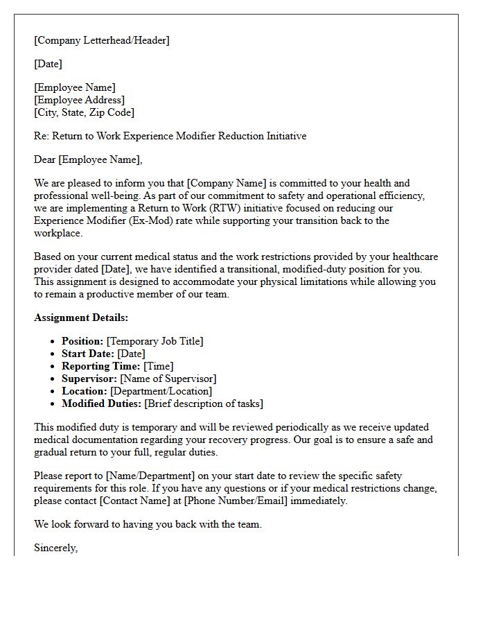 Return To Work Experience Modifier Reduction Initiative Letter