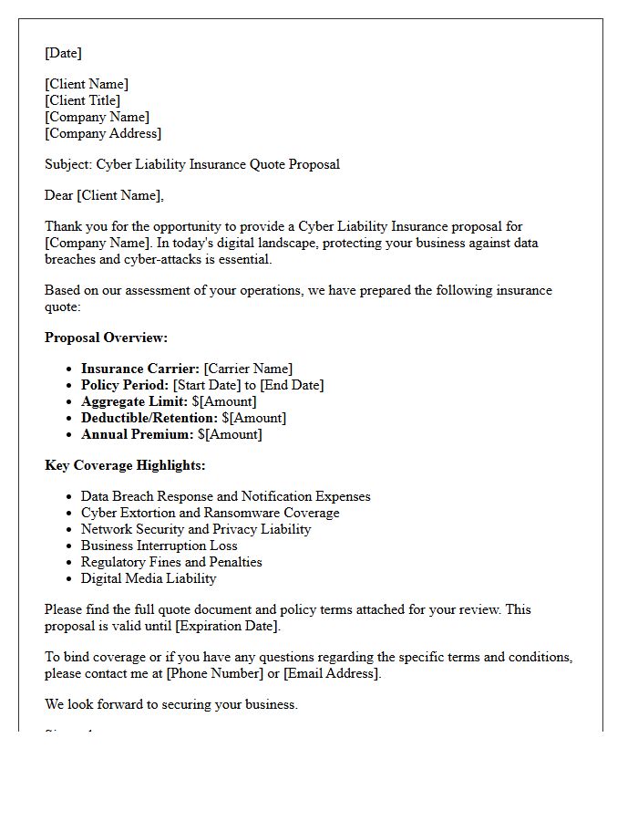 Cyber Liability Insurance Quote Proposal Letter