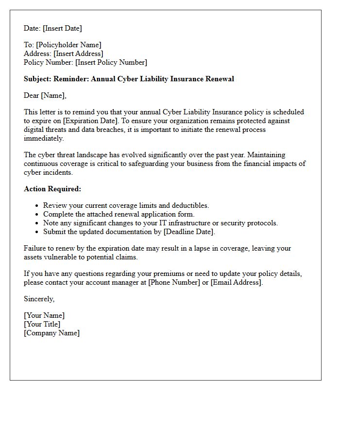 Annual Cyber Liability Insurance Renewal Reminder Letter
