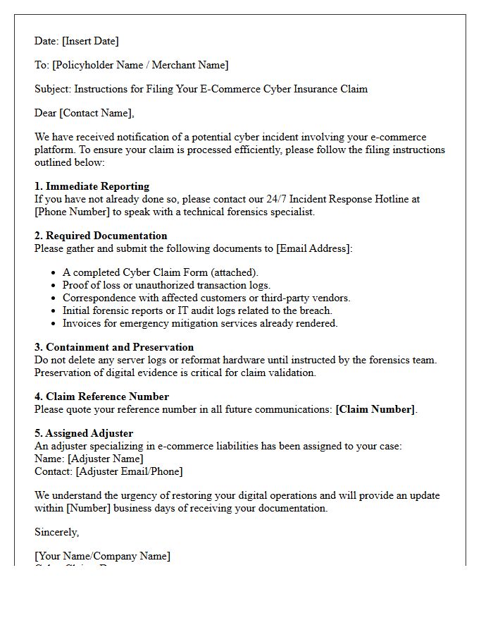 E-Commerce Cyber Claim Filing Instructions Letter
