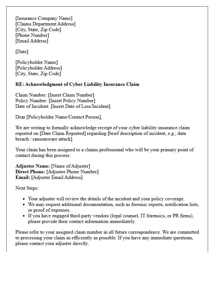 Cyber Liability Insurance Claim Acknowledgment Letter