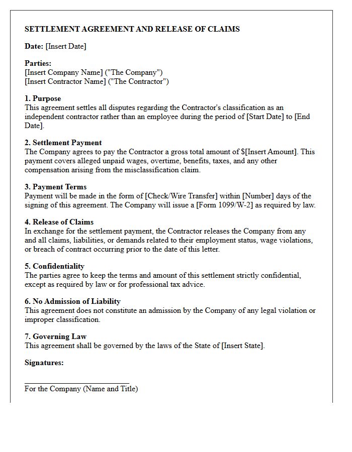 Independent Contractor Misclassification Settlement Agreement Letter
