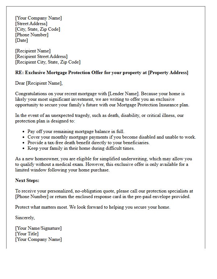 Exclusive Mortgage Protection Insurance Offer Letter