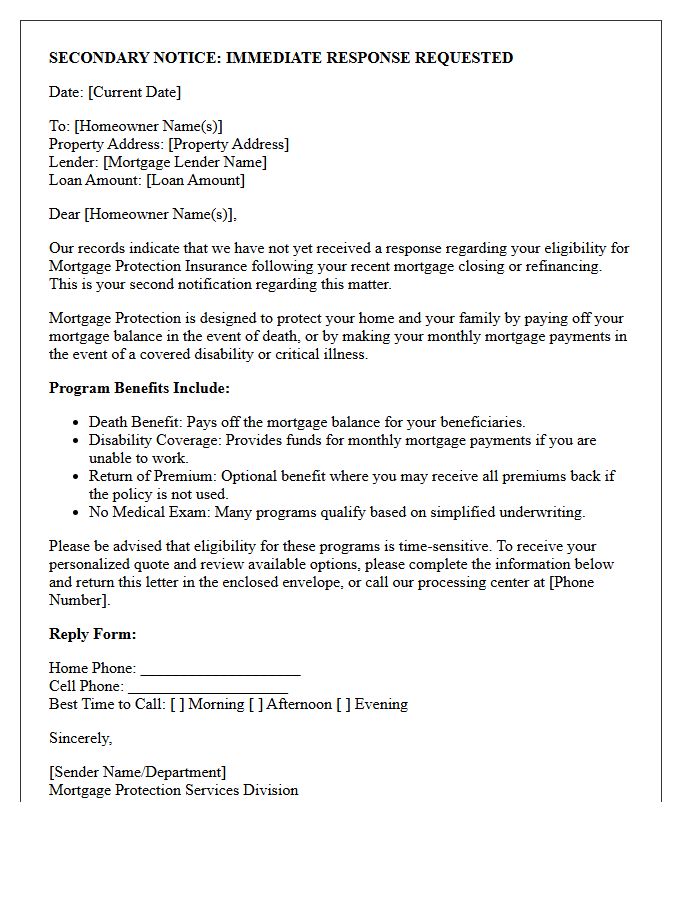 Secondary Notice Mortgage Protection Insurance Letter