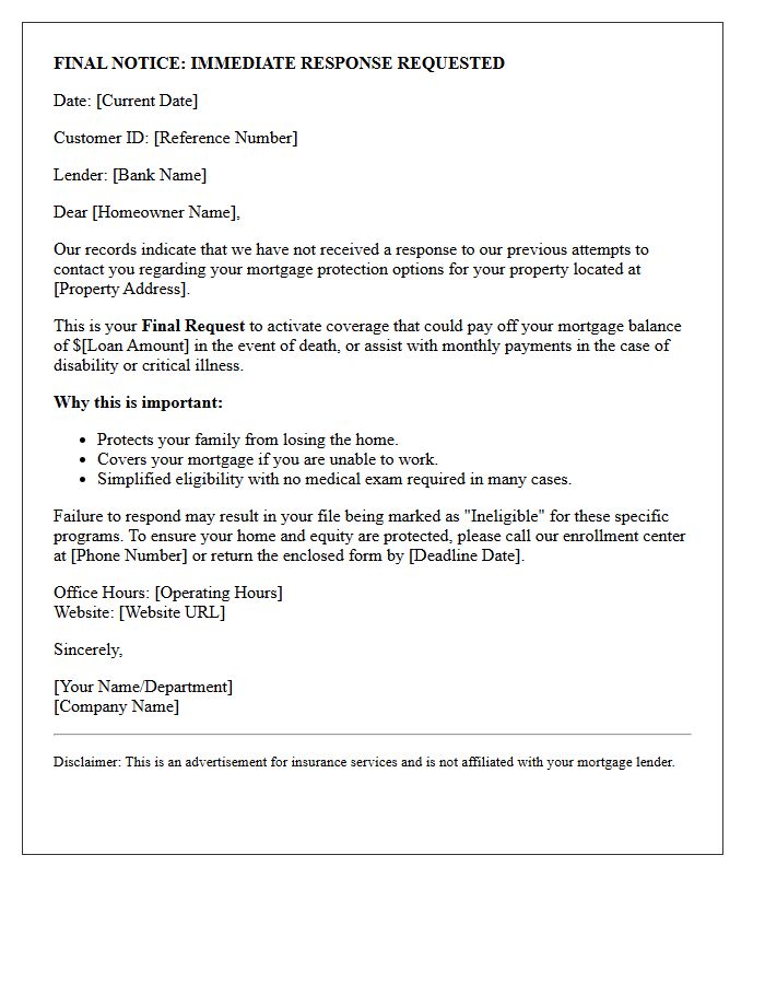 Final Request Mortgage Protection Insurance Letter