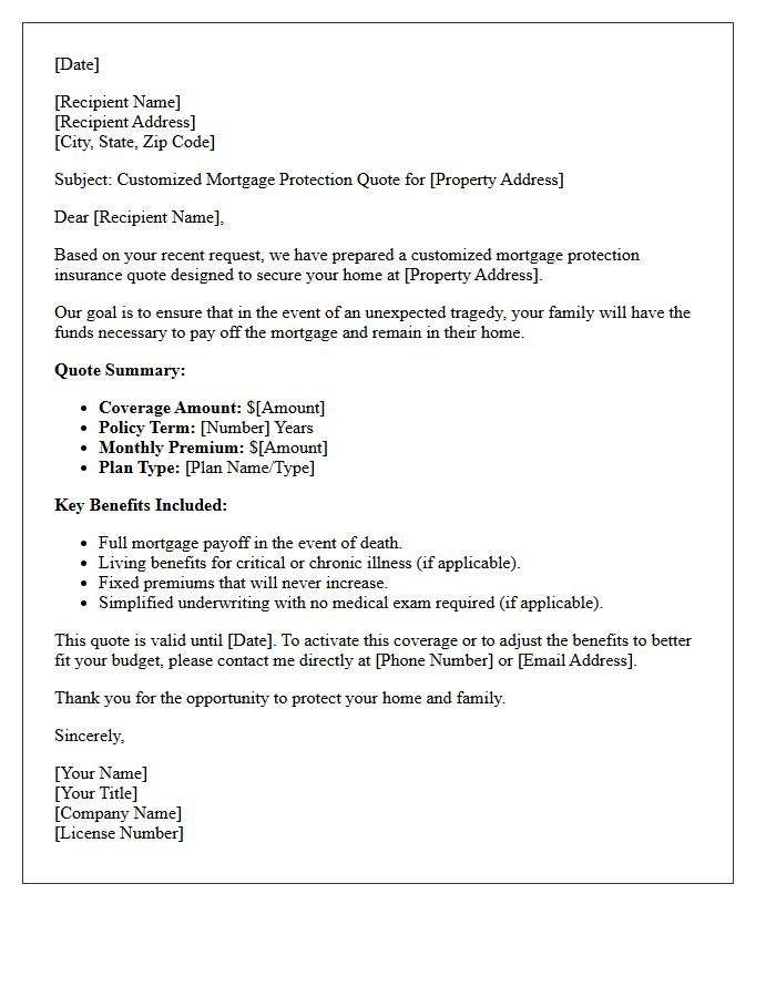 Customized Mortgage Protection Insurance Quote Letter