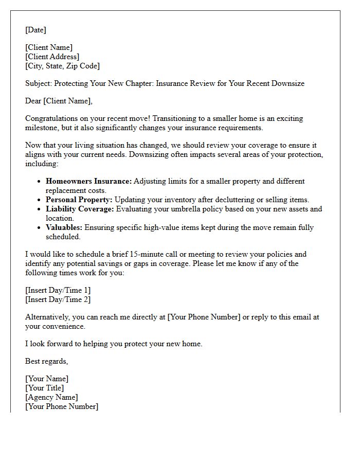 Empty Nester Downsizing Insurance Review Letter