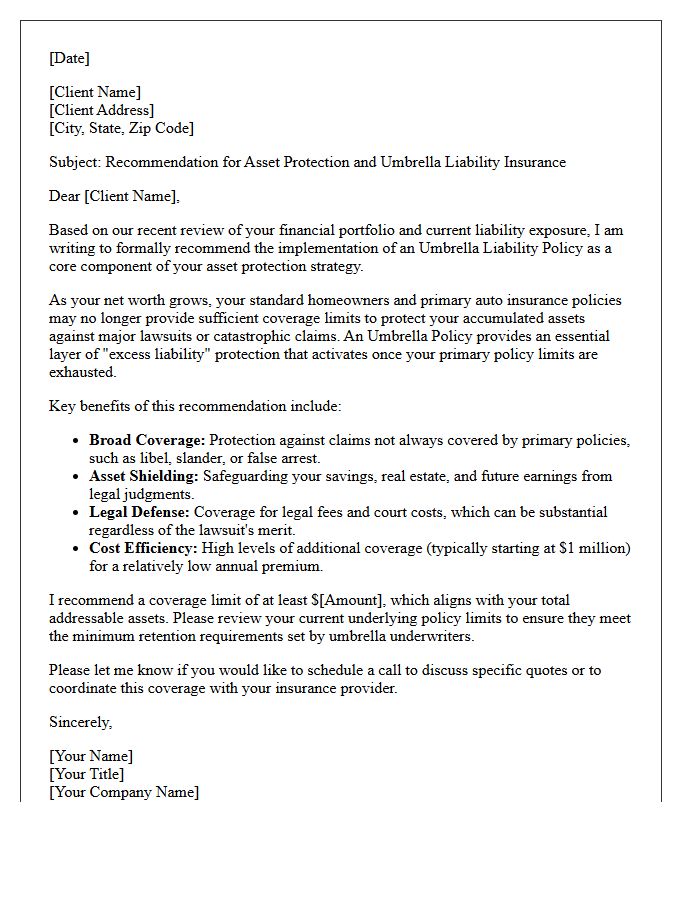 Asset Protection and Umbrella Policy Recommendation Letter