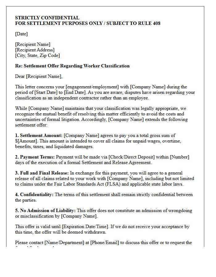 Pre-Litigation Misclassification Settlement Offer Letter