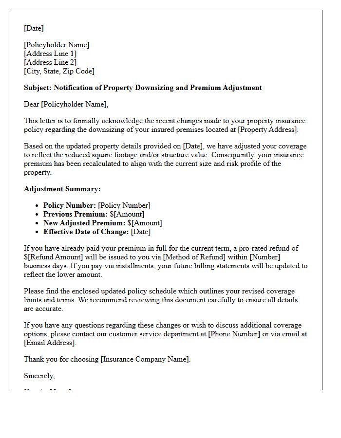 Downsized Property and Adjusted Premium Notification Letter