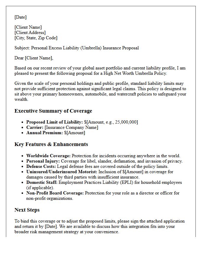 High Net Worth Umbrella Policy Coverage Proposal Letter