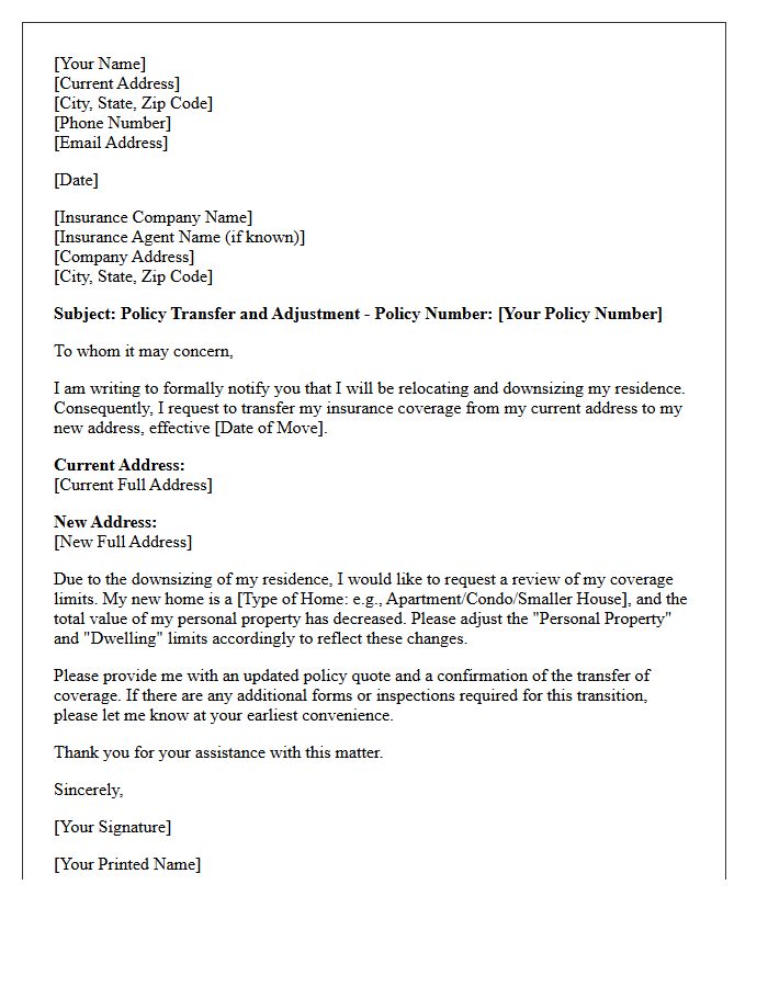 Relocation and Downsizing Insurance Policy Transfer Letter