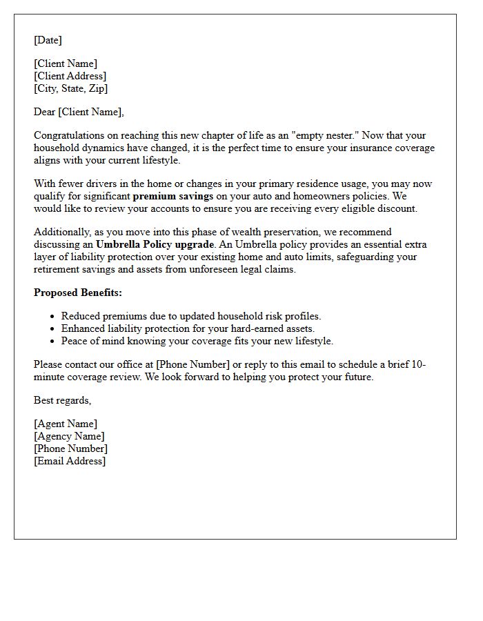 Empty Nester Premium Savings and Umbrella Upgrade Letter