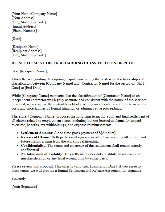 Independent Contractor Status Dispute Settlement Letter