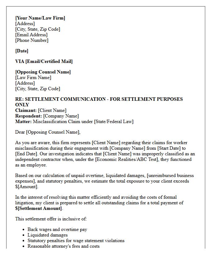 Legal Counsel Misclassification Claim Settlement Letter