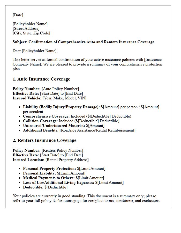 Comprehensive Auto and Renters Insurance Coverage Letter