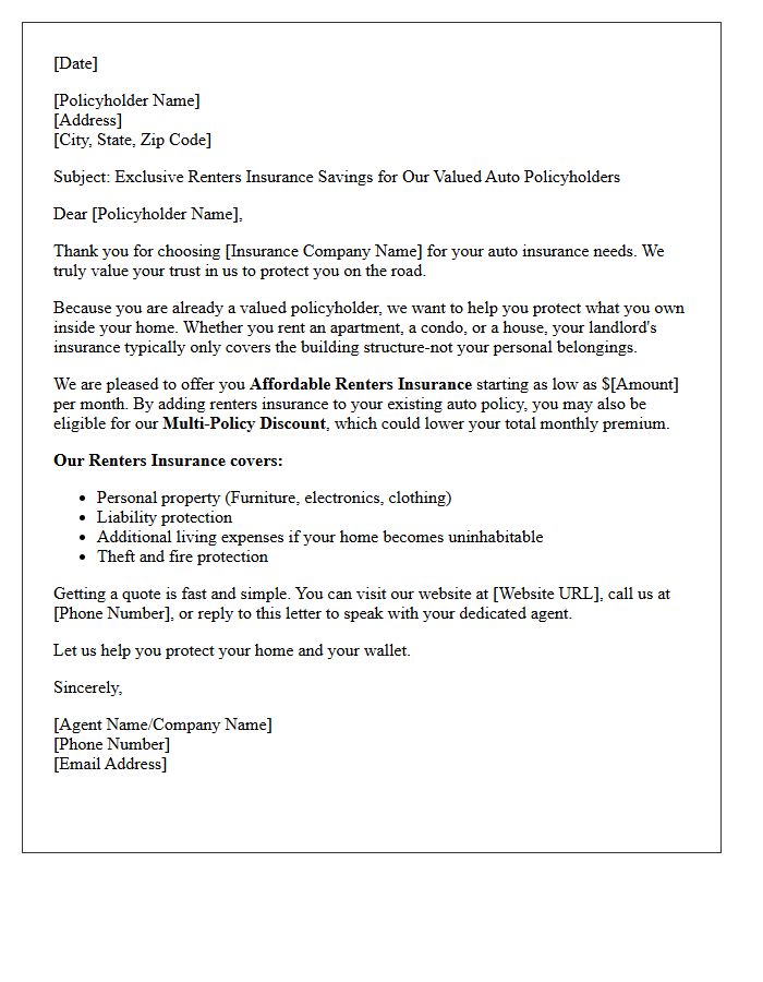 Affordable Renters Insurance for Valued Auto Policyholders Letter