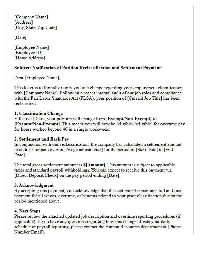 Employee Reclassification and Settlement Notification Letter