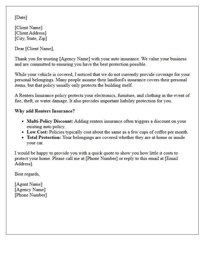 Auto Client Cross-Sell to Renters Insurance Letter