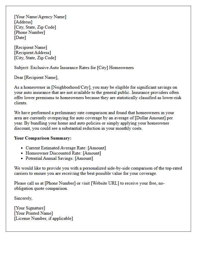 Auto Insurance Rate Comparison for Homeowners Letter
