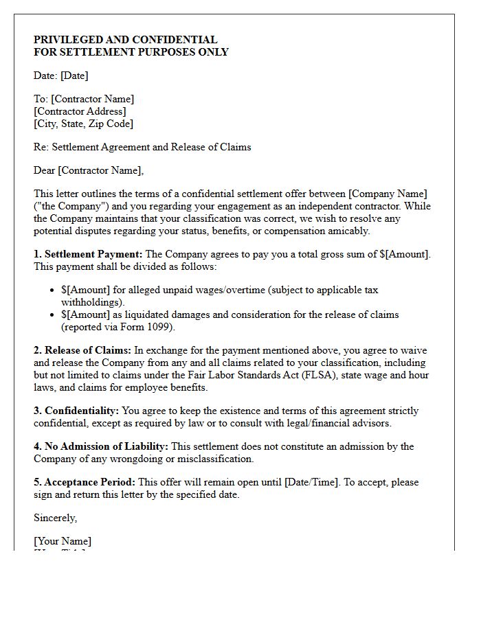 Confidential Contractor Misclassification Settlement Letter