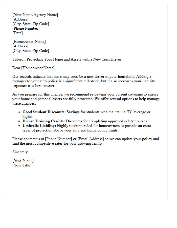 Teen Driver Auto Coverage for Homeowners Letter