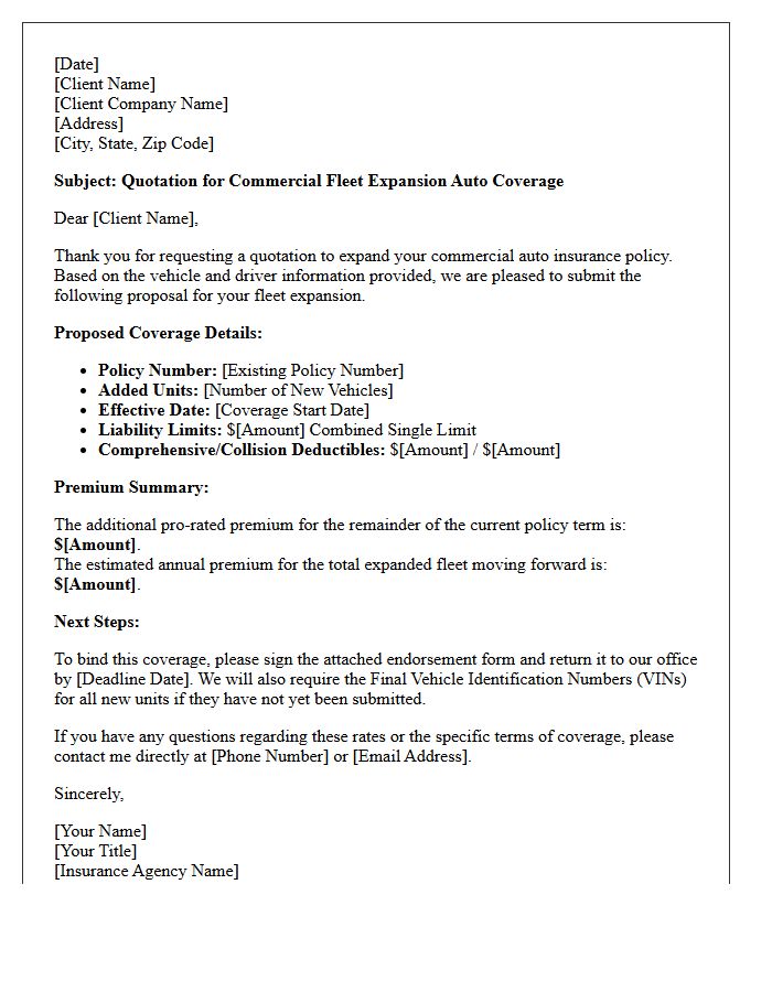 Commercial Fleet Expansion Auto Coverage Quotation Letter