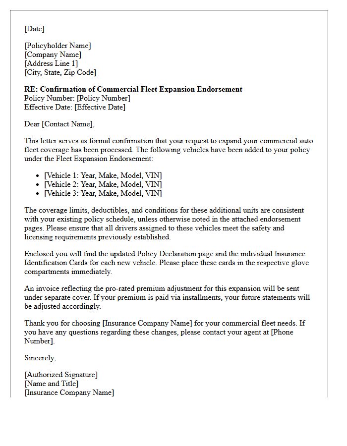 Commercial Fleet Expansion Auto Coverage Endorsement Confirmation Letter