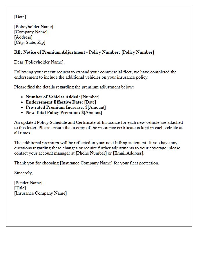 Commercial Fleet Expansion Auto Coverage Premium Adjustment Letter