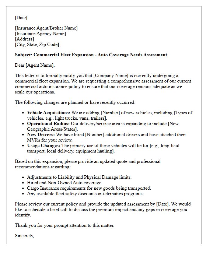 Commercial Fleet Expansion Auto Coverage Needs Assessment Letter
