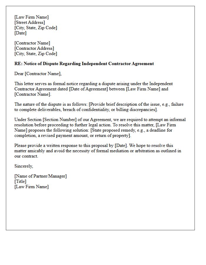 Law Firm Independent Contractor Dispute Resolution Letter