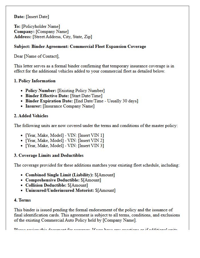 Commercial Fleet Expansion Auto Coverage Binder Agreement Letter