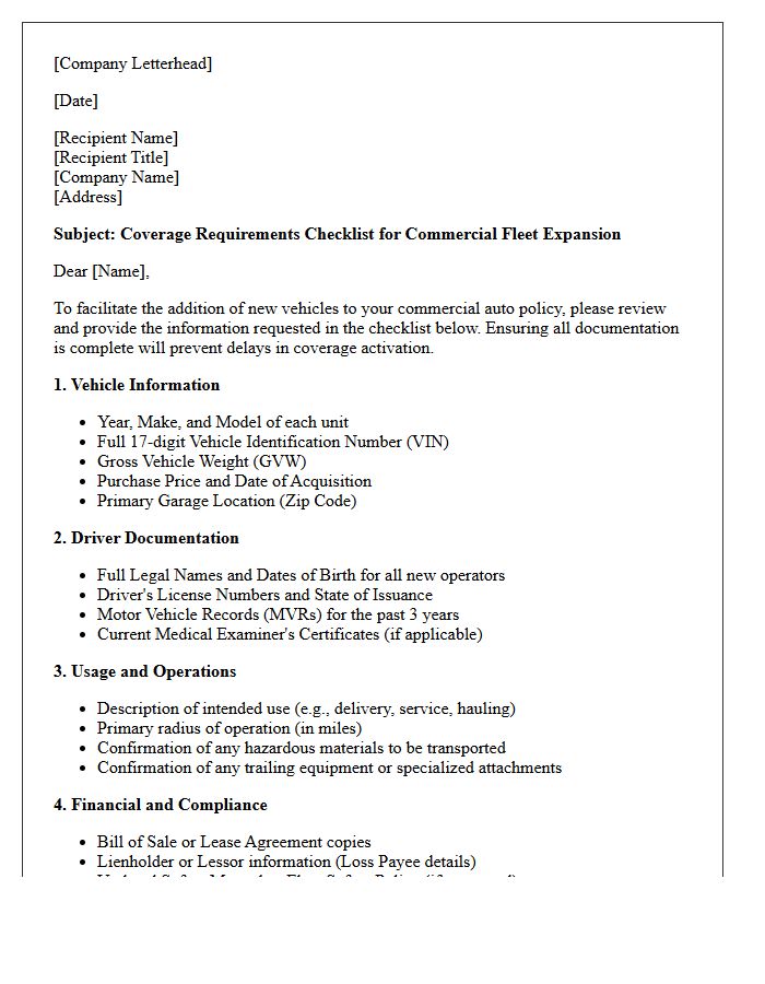 Commercial Fleet Expansion Auto Coverage Requirements Checklist Letter