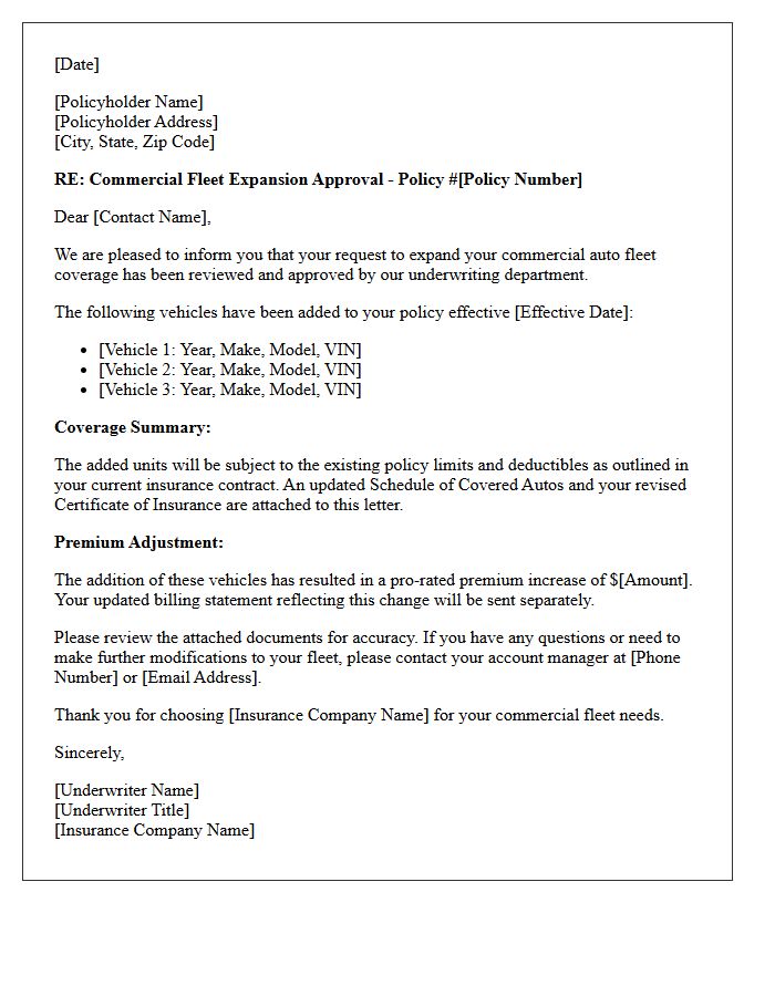 Commercial Fleet Expansion Auto Coverage Underwriting Approval Letter