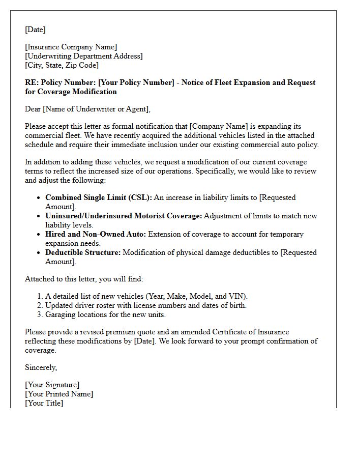 Commercial Fleet Expansion Auto Coverage Terms Modification Letter