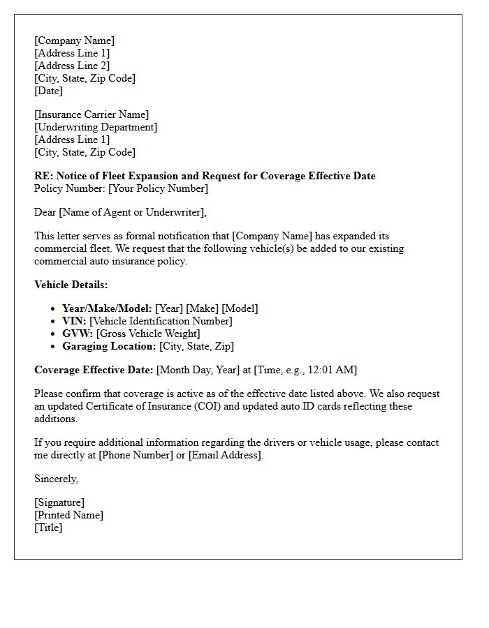 Commercial Fleet Expansion Auto Coverage Effective Date Notice Letter
