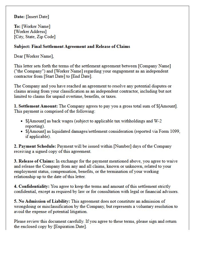 Final Settlement Letter for Contractor Misclassification