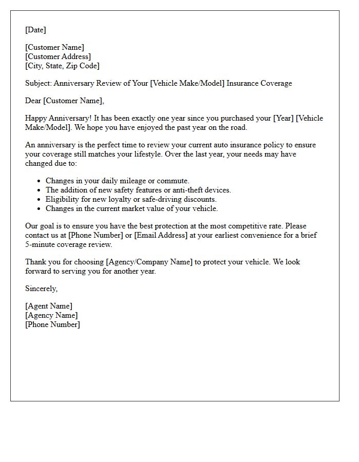 Vehicle Purchase Anniversary Auto Coverage Letter