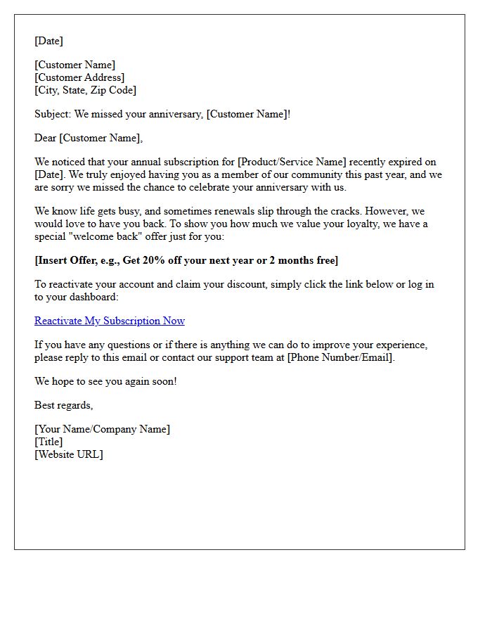 Annual Renewal Missed Anniversary Win-Back Letter