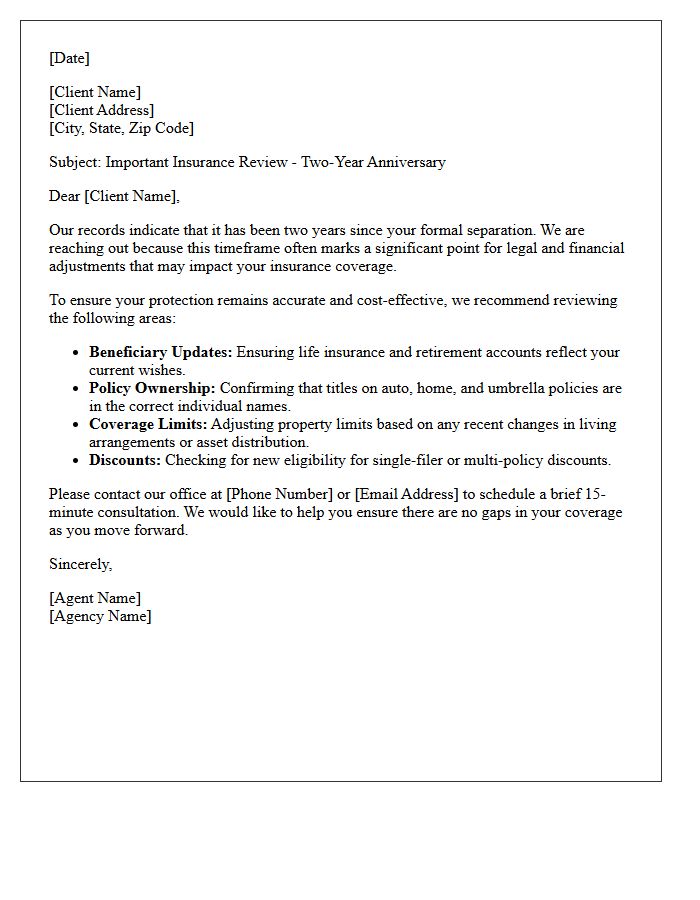 Two Year Separation Anniversary Insurance Review Letter