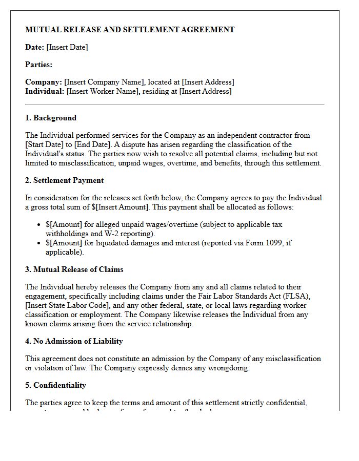 Mutual Release and Misclassification Settlement Letter